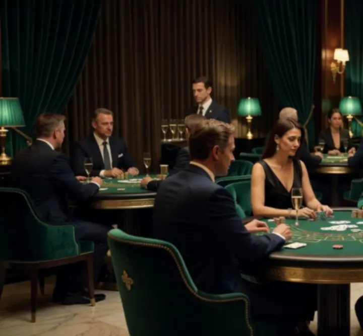 Atmosfersko osvijetljen prostor s casino stolovima u luksuznom hotelu.