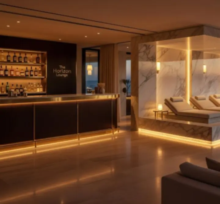 Kolaž luksuznih prostora hotela: terase, spa zona i lounge bar.