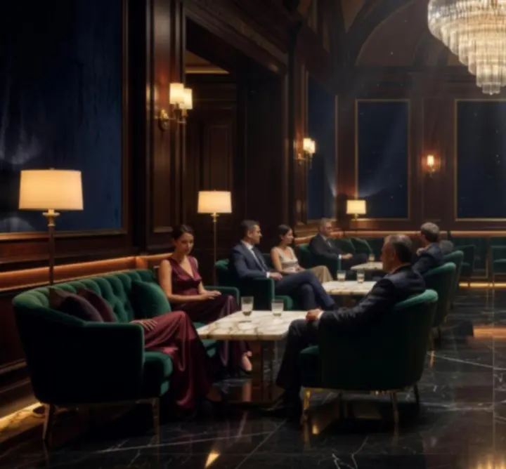 Noćna atmosfera u lobbyju Blackjack Hall hotela s profinjenim osvjetljenjem