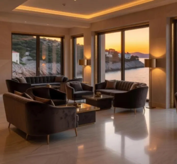 Panoramski pogled iz hotelskog lobbya na Jadransko more i elegantan interijer