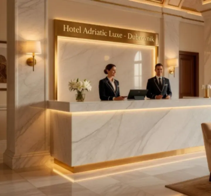 Luksuzno hotelsko lobije s recepcijom i ambijentalnim svjetlom.