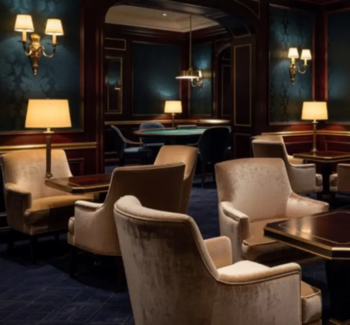VIP lounge i salonski prostori Blackjack Hall hotela sa zlatnim svjetlima i luksuznim detaljima.