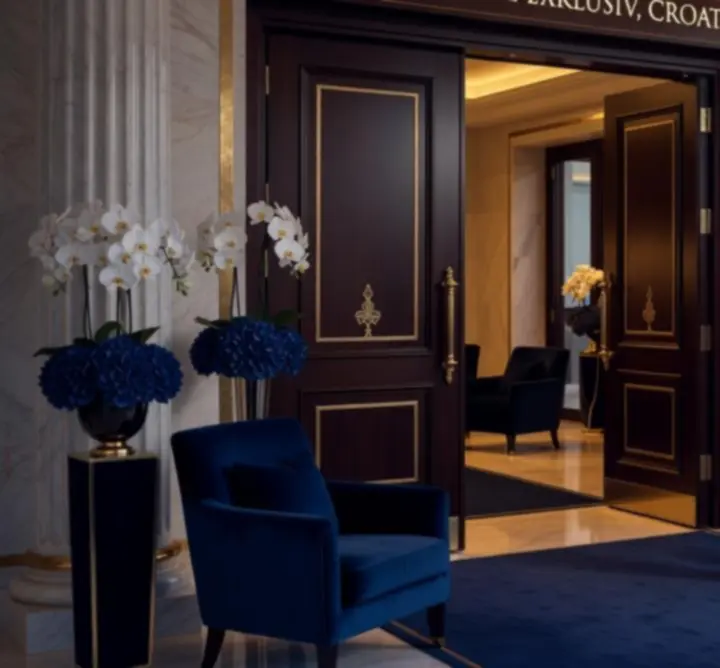 Luksuzni VIP ulaz u hotel Blackjack Hall s atmosferičnim osvjetljenjem.